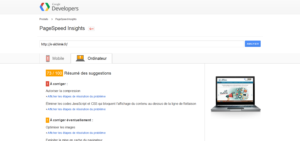 Capture d'écran de Page Speed Insights, permettant de tester la vitesse de chargement de vos pages, un des indicateurs SEO de plus en plus pris en compte par Google. 